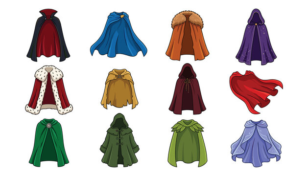 Medieval capes and cloaks vector illustration set featuring fantasy royal robes wizard hoods vampire mantles and superhero garments