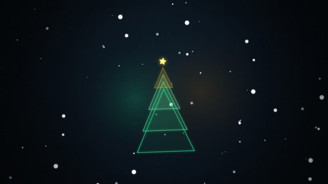 Stylized geometric glowing Christmas tree vector illustration with golden star and falling snow for advent calendar holiday design