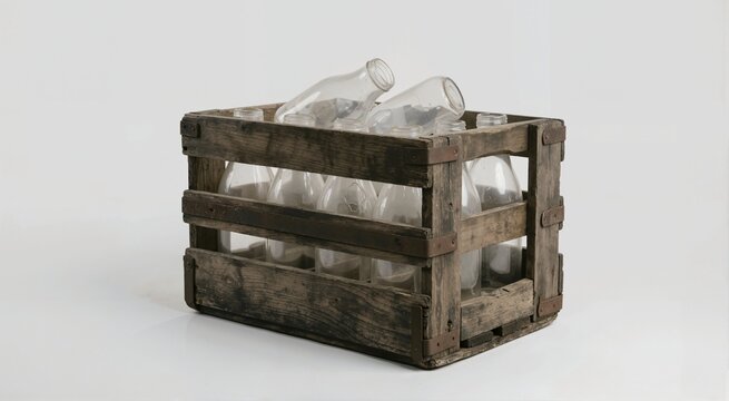 Old milk bottles in a weathered wooden crate. Vintage objects and retro design
