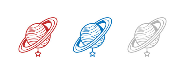 Three stylized planets with rings and stars in red blue and gray. © Arum