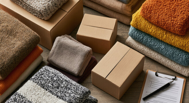 Folded blankets and cardboard boxes with checklist on wooden table for donation sorting with Minimal Product Presentation