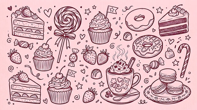 Vector drawn art set of delicious desserts and sweet treats doodle collection