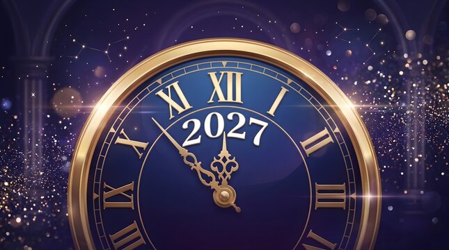 Elegant 2027 New Year Midnight Clock with Golden Roman Numerals on Luxurious Blue Festive Background