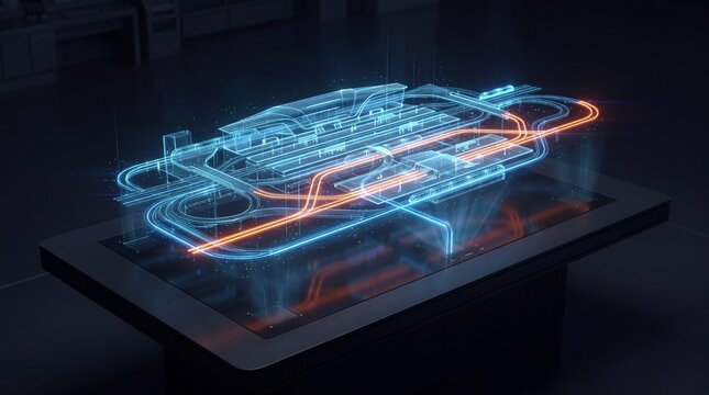 Smart high-speed maglev train station digital twin hologram on interactive table