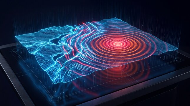Early warning tsunami disaster tracking hologram projected on interactive surface
