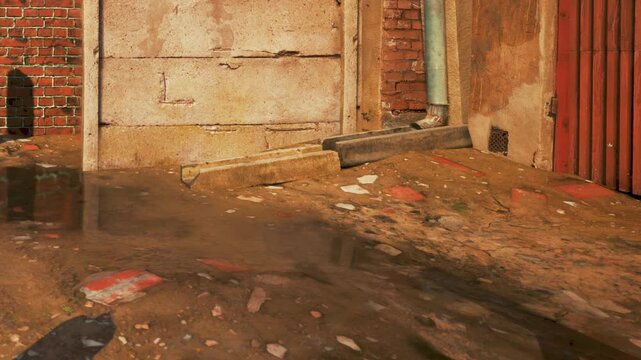 Puddles gather on the ground, reflecting the surrounding buildings and textures of the urban landscape. Wet bricks and concrete create a gritty yet captivating scene.