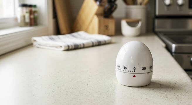 White plastic kitchen egg timer. Kitchen equipment and food preparation