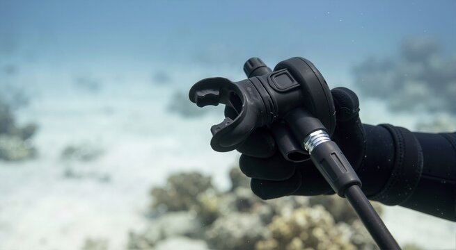 Mouthpiece on a scuba diving regulator. Underwater diving equipment and exploration