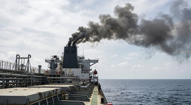 Black exhaust emissions from a ship at sea. Ship emissions and marine pollution