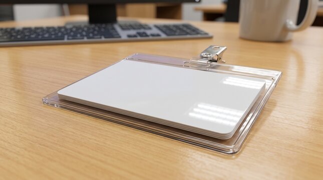 A blank white badge ID holder lying on a wooden office desk next to a keyboard and coffee mug