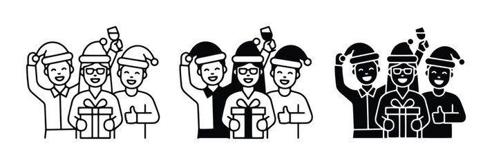 Christmas celebration set with people in Santa hats holding gift and champagne for holiday greetings © Ripon