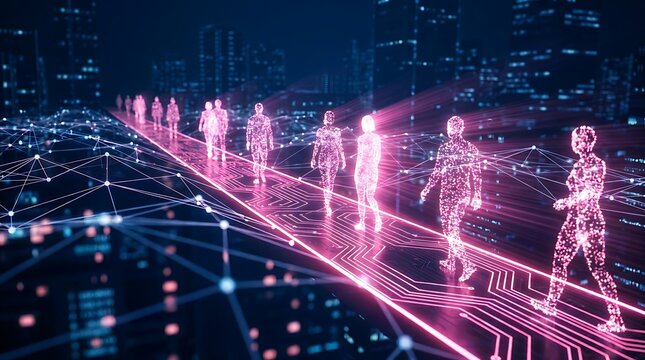 Glowing human silhouettes walking on a pink circuit board path with a network grid in a dark city background