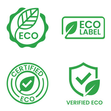 Set of four green eco friendly label and sustainability vector badges with sustainable environment certified verified protection checkmark business illustration isolated conservation