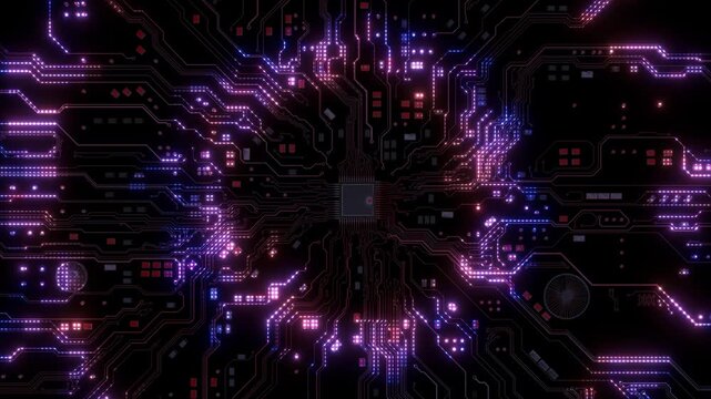 Glowing dotted pathways square processor form electronic pattern background. highlights futuristic computing visual for semiconductor stories, digital infrastructure videos technology presentations.
