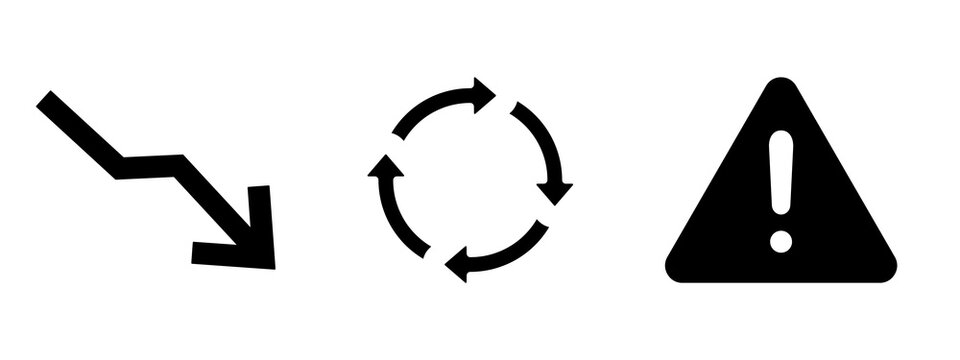 Set of black minimalist icons including downward trend arrow, circular loop system, and hazard warning triangle isolated on white background PNG format