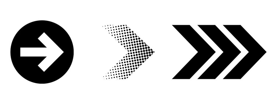Black arrow icon set with three different styles including circular button halftone dot pattern and chevron design isolated on transparent background PNG