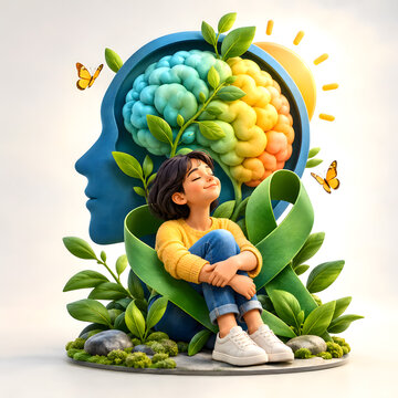 Serene girl sitting with a stylized brain sculpture representing mental health and wellness