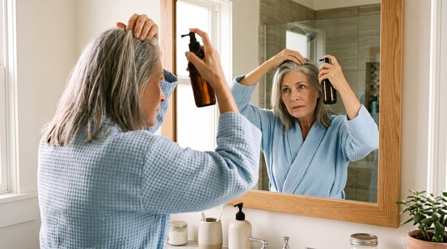 mature woman styling her hair with hairdryer in bathroom mirror