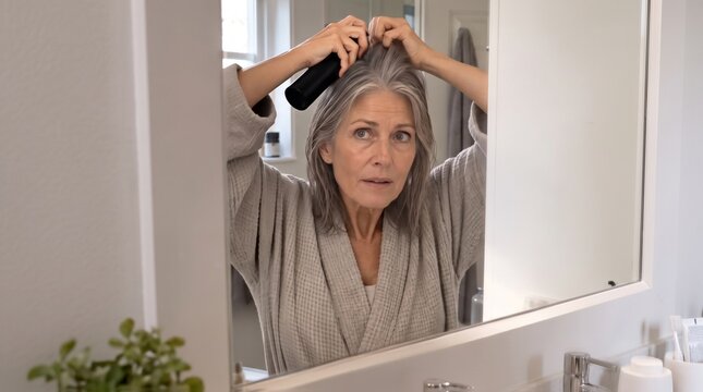 mature woman styling her hair with hairdryer in bathroom mirror