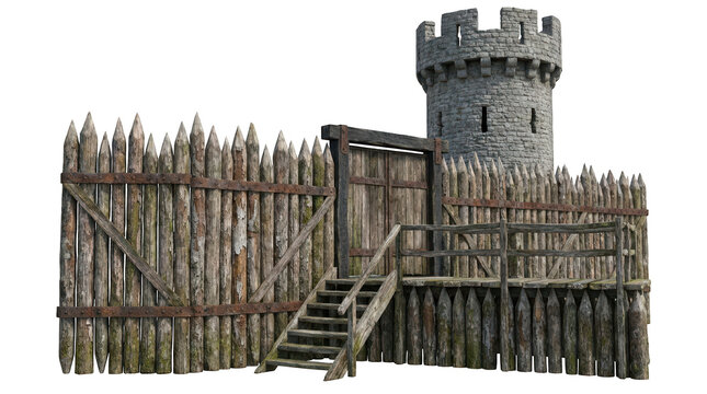 Medieval wooden palisade wall with stone tower and wooden gate isolated on transparent background