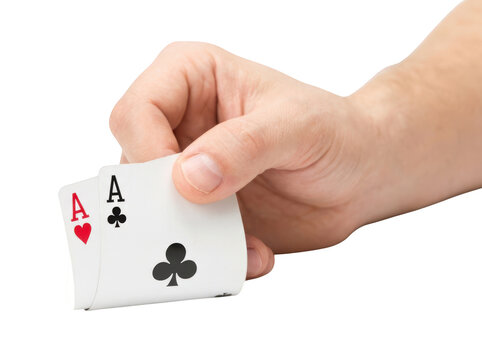Hand holding two playing cards ace of hearts and ace of clubs isolated on transparent background