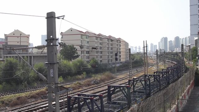 Flatcar freight train across the city in China