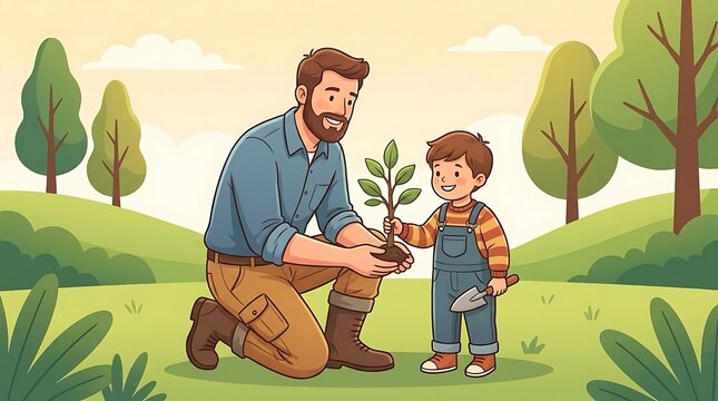 Father and son planting a sapling in woods.