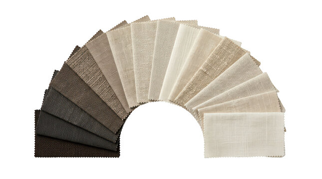Fan of fabric swatches in neutral earth tones isolated on transparent background