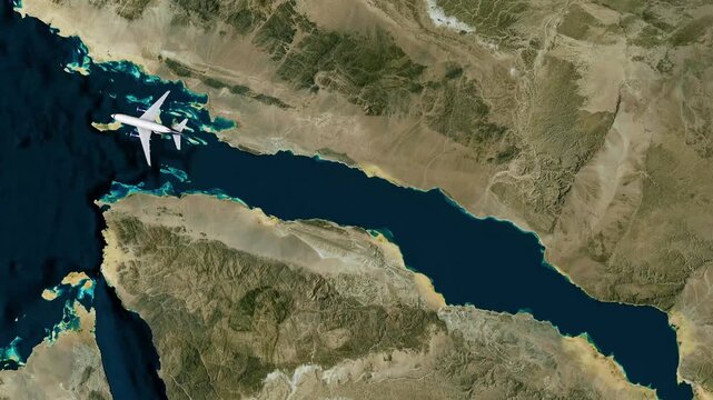 Flight route animation from Cairo, Egypt to Jeddah, Saudi Arabia, airplane flying on map across the Red Sea for Hajj and Umrah travel