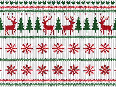 Seamless christmas sweater pattern with red reindeer, green trees and snowflakes on a white background