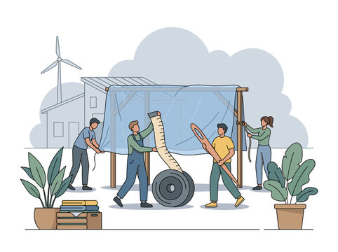 People sewing and measuring large fabric tarp vector illustration
