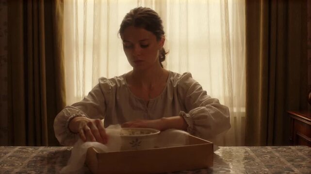 Young woman tucking tissue around a ceramic gift
