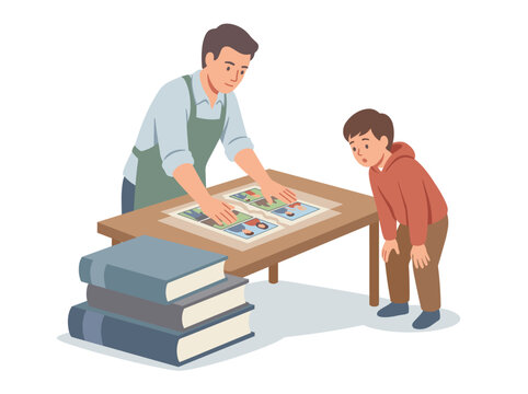 Father and son looking at old family photo album vector illustration