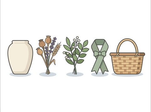 Dried flowers vase basket ribbon vector illustration set