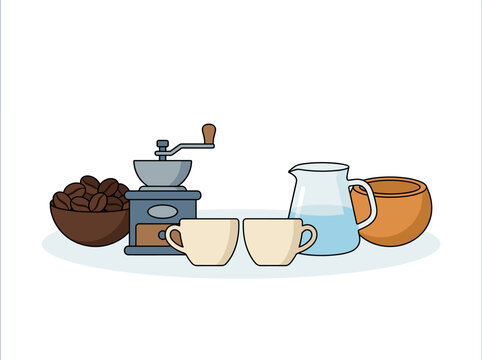 Coffee set with grinder beans cups and pitcher vector illustration
