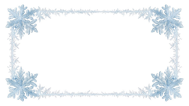 A decorative square border made of beautiful blue icy snowflakes and frost patterns for winter holiday designs presented as an isolated on transparent background