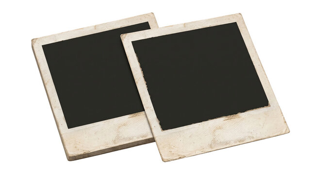 Two empty vintage instant photo frames with blank black centers for custom images presented as an isolated object on a transparent background isolated on transparent background