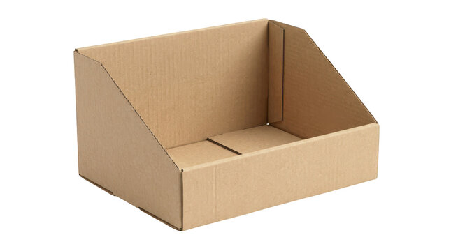 Open brown cardboard display box for retail products isolated on transparent background