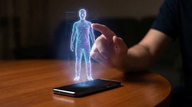 Person interacting with a glowing three dimensional human body hologram projected from a smartphone screen