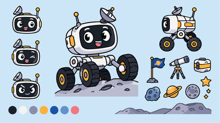Lunar rover robot mascot exploring the moon surface. © des