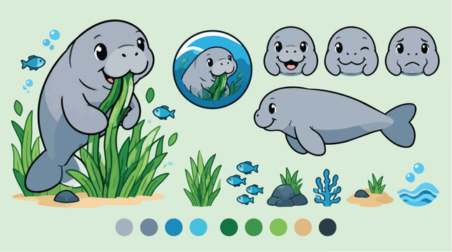 Cartoon manatee character set eating seagrass with underwater icons.