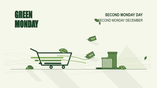 A high-quality 4K motion graphics animation based on a flat vector illustration for Green Monday. Features a stylized moving shopping cart, flowing wind waves, floating leaves, bobbing sale tags