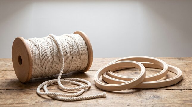 Large spool of three ply twisted natural cotton macrame rope on beechwood bobbin with solid maple crafting rings on reclaimed pine workbench for bohemian fiber art and textile craft hobbies