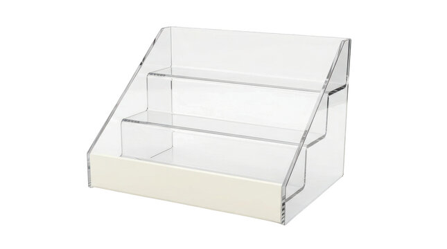 Clear acrylic threetier display stand for cosmetics or retail products isolated on transparent background