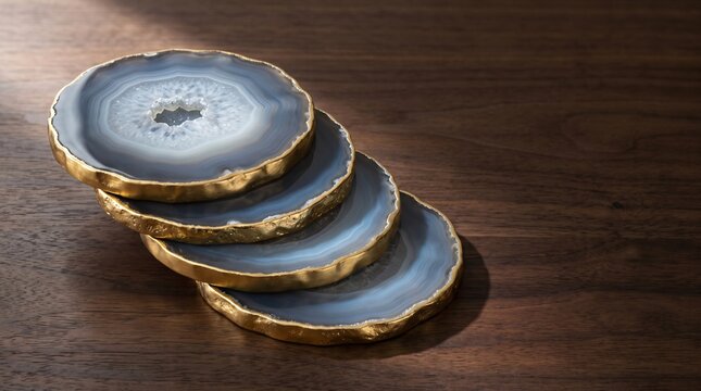 Brazilian geode agate slice drink coasters with electroplated gold rims stacked in cascading step on American walnut wood table for luxury bar accessories and gemstone home interior decor