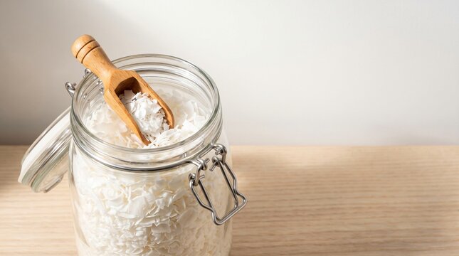 Pure handmade coconut laundry soap flakes in large hermetic glass jar with wire bail clamp and beechwood scoop on ash wood shelf for zero waste eco friendly housekeeping and clothes washing