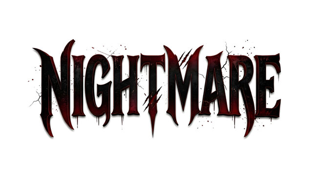 Horror style nightmare text logo with blood splatter and scratch effects isolated on white background
