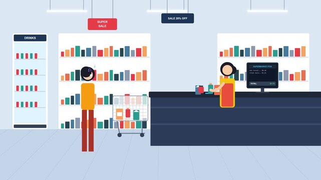 4K flat vector animation featuring a grocery checkout scene with a customer wearing earphones with animated floating music notes, natural cashier arm motion, and an integrated POS monitor screen.