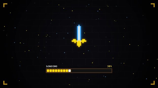 Retro Pixel Video Game Loading Screen with Progress Bar and Sword Icon