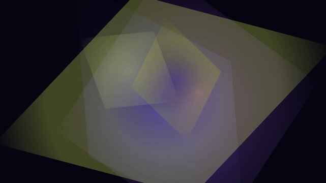 A geometric abstract composition features overlapping translucent square and pentagonal shapes in soft yellow, purple, and blue tones, floating against a dark background with subtle light diffusion.